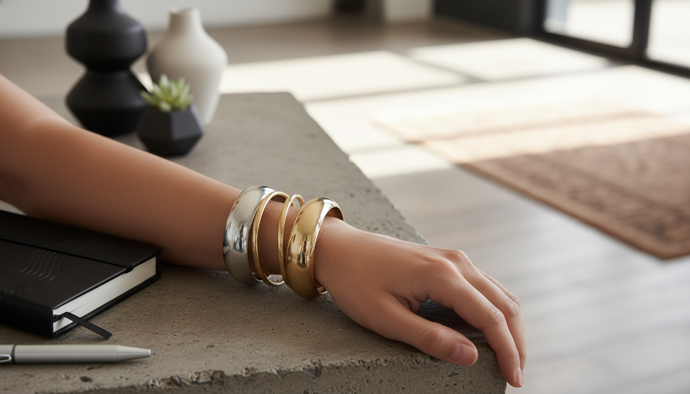 Geometric Gold Bangle Set: 5-Piece Minimal Punk Stack