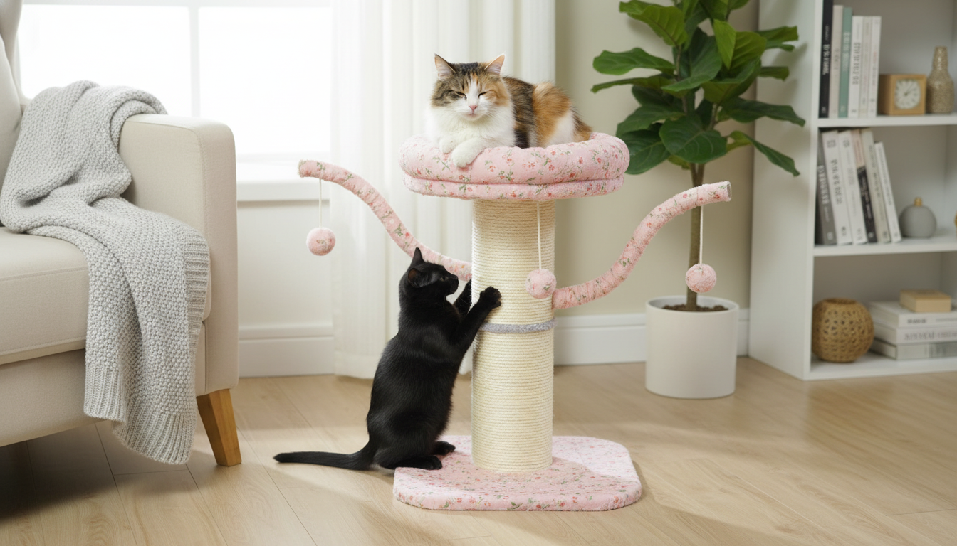 Pink Flower Cat Tree: Thick Sisal Post & Removable Perch